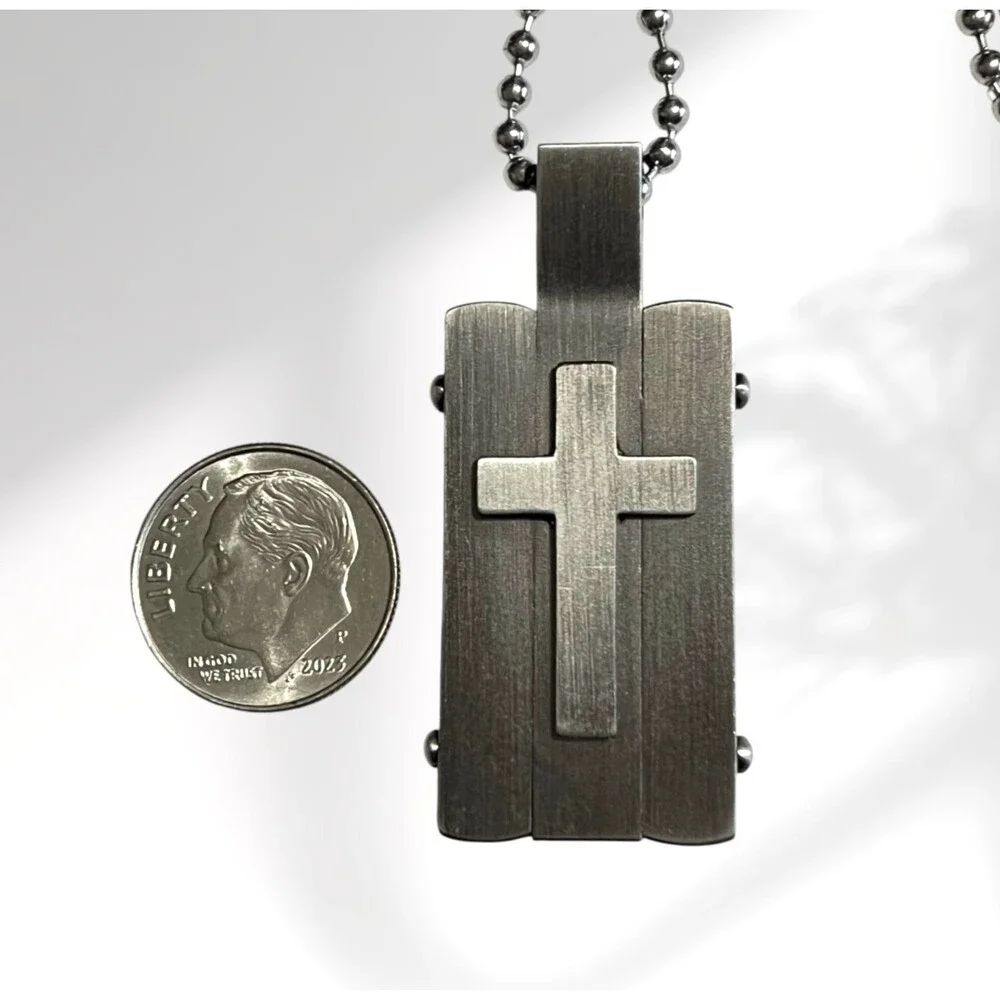 Mens Cross Necklace Dog Tag Chain Gunmetal Stainless Steel Christian Religious